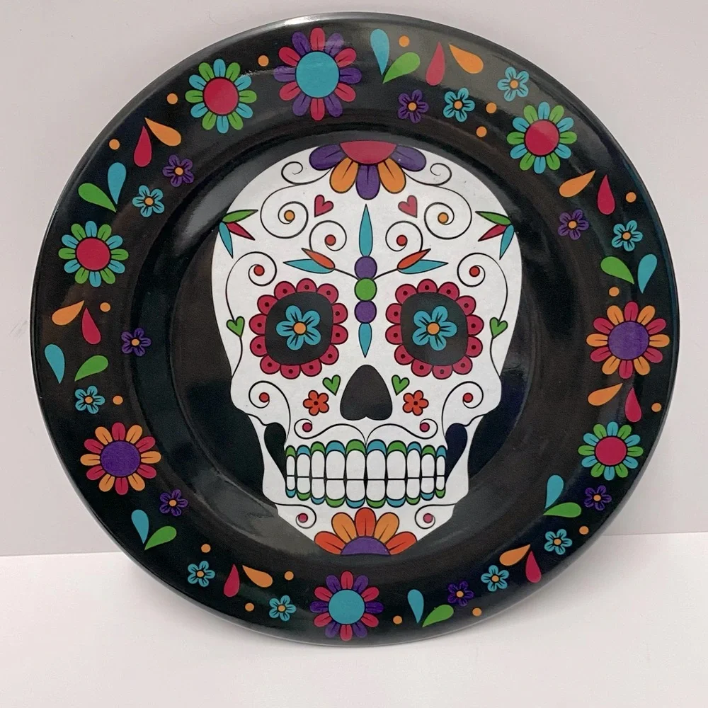 Day of the Dead Sugar Skull Stemless Wine Glasses and Plates Set NWT
